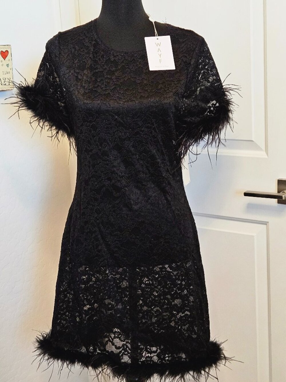 NWT WAYF Alina Ostrich Feather Floral Lace Minidress Black L - Picture 3 of 14